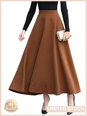 High Waist Wool Blend Plaid A-Line Maxi Skirt Pockets